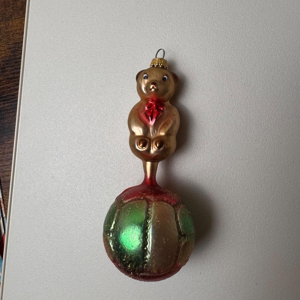 Vintage West Germany Glass Teddy Bear Ball Christmas Ornament Hand Painted